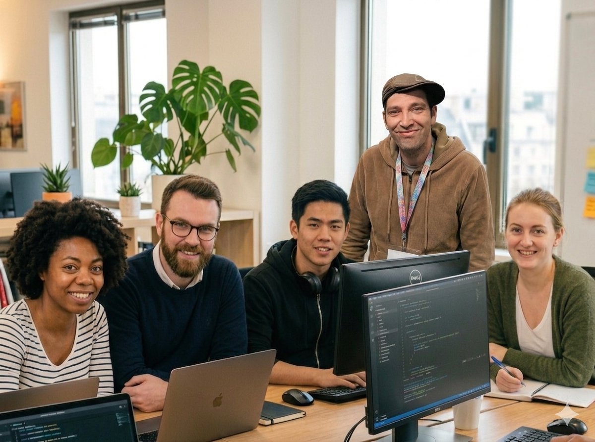 L'équipe de l'Agence Web-Conseil-Digital réunie autour d'un poste de travail.